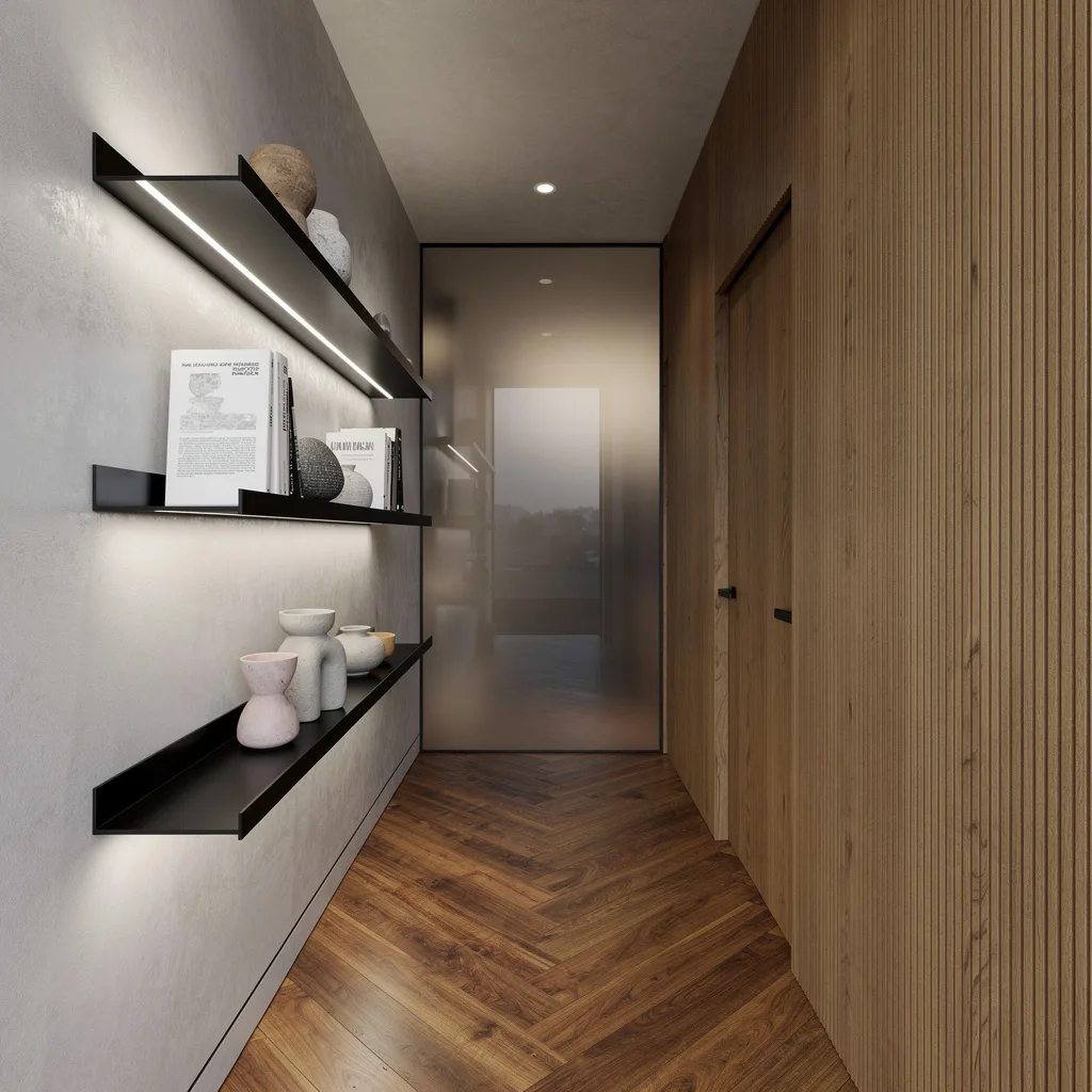 Architectural Chic: Walnut, Fluted Oak, and Floating Bookshelves