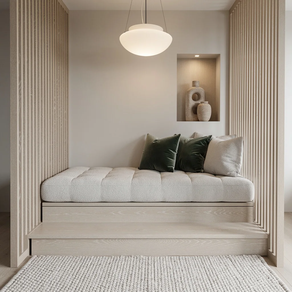 The Sunken Chill Zone: Slatted Wood, Bouclé, and Designer Calm