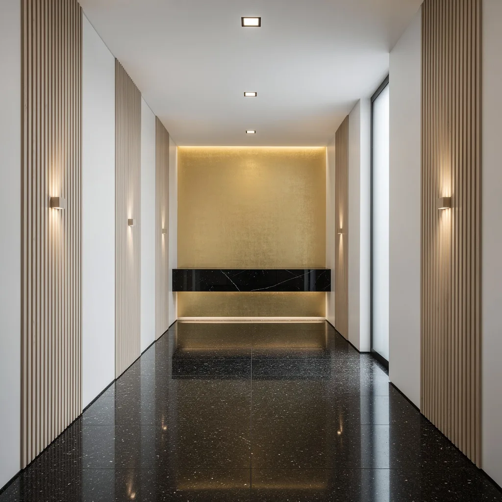 Granite Luxe: Vertical Wood Panels and Illuminated Gold Walls