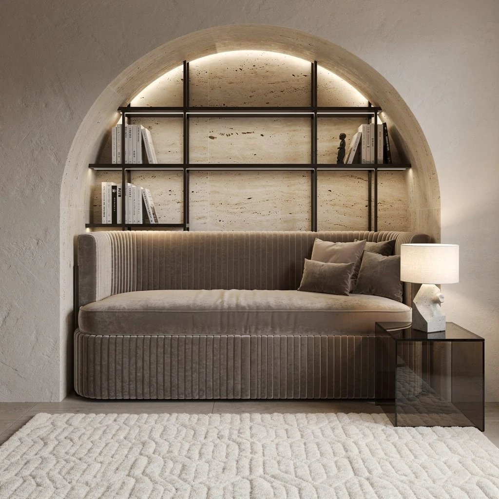 Arched Alcove Magic: Travertine and Velvet Domination