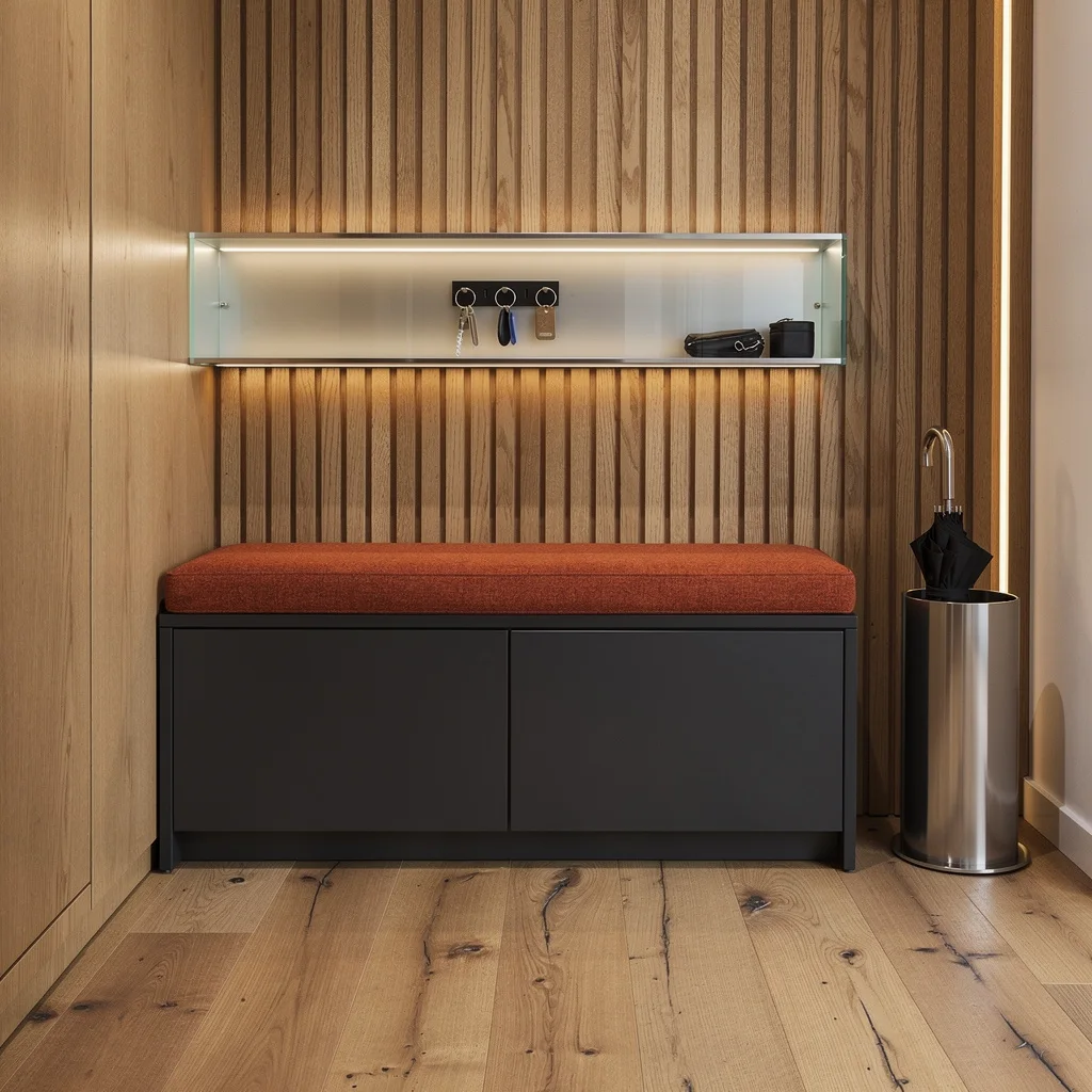 Anthracite Bench + Burnt Orange Seating = Bold Entry Moves