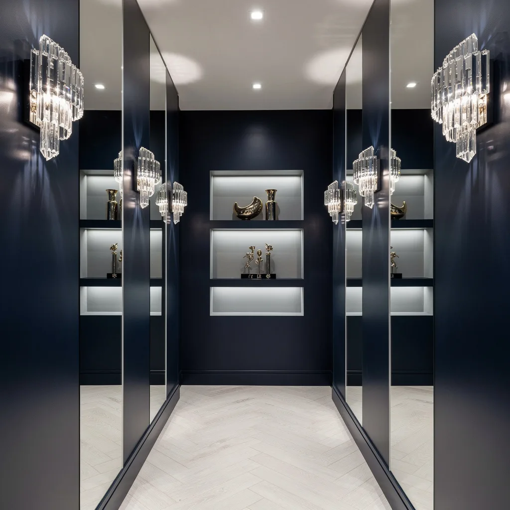 Midnight Glam: Chevron Floors, Crystal Sconces, and Metallic Display