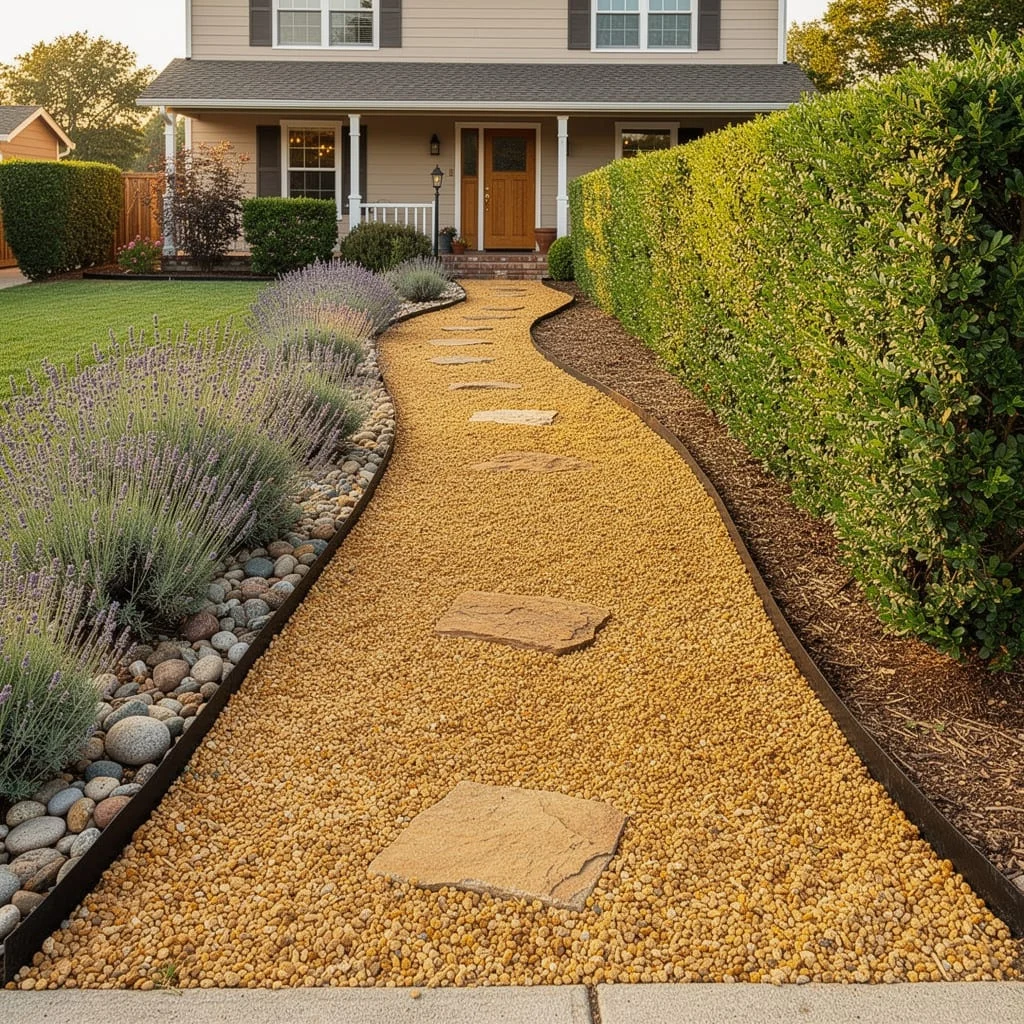 The Golden Gravel Path with Lavender Border and Steppers