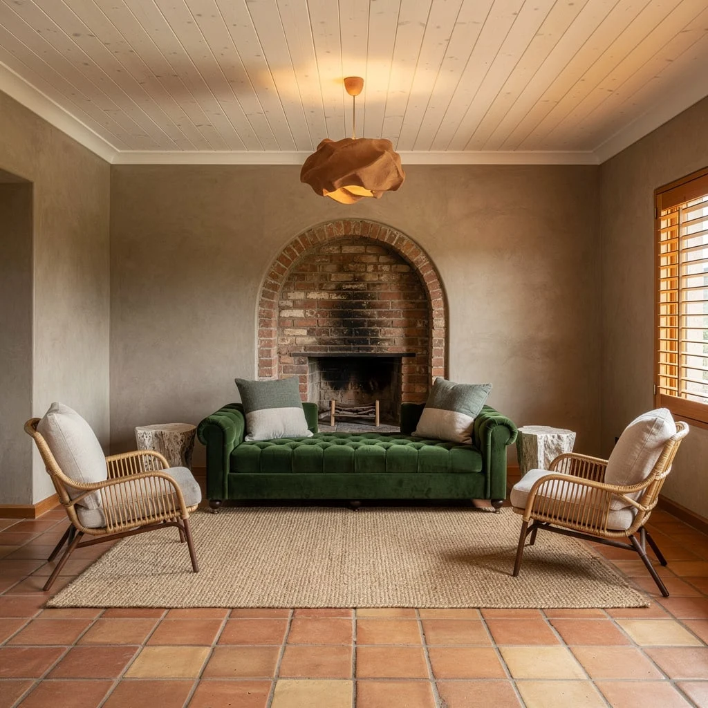 Taupe Limewash and Forest Green Velvet—Textural Overload