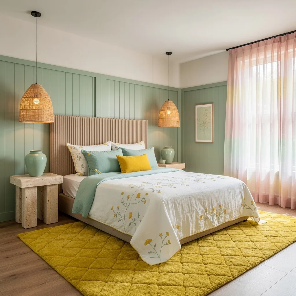 Eucalyptus Paneling Meets Aqua Bedding—Fresh and Fierce