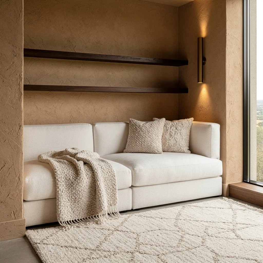 Clay Plaster Nook: Modular Lounge and Floating Shelves