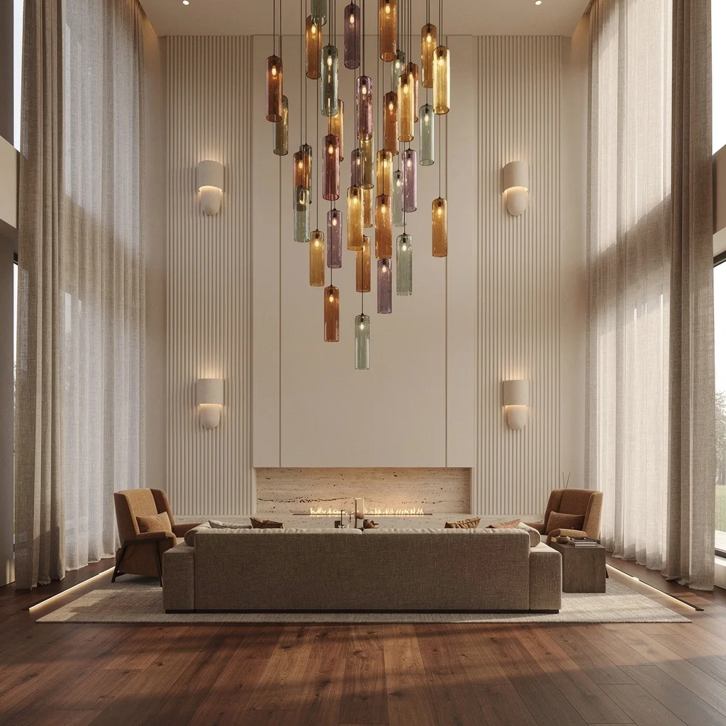 Double-Height Drama: Tinted Pendants and Uplights That Make You Look Rich