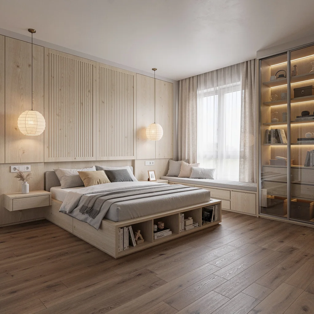 Scandi Calm Down: Birch Slats and Floating Nightstands