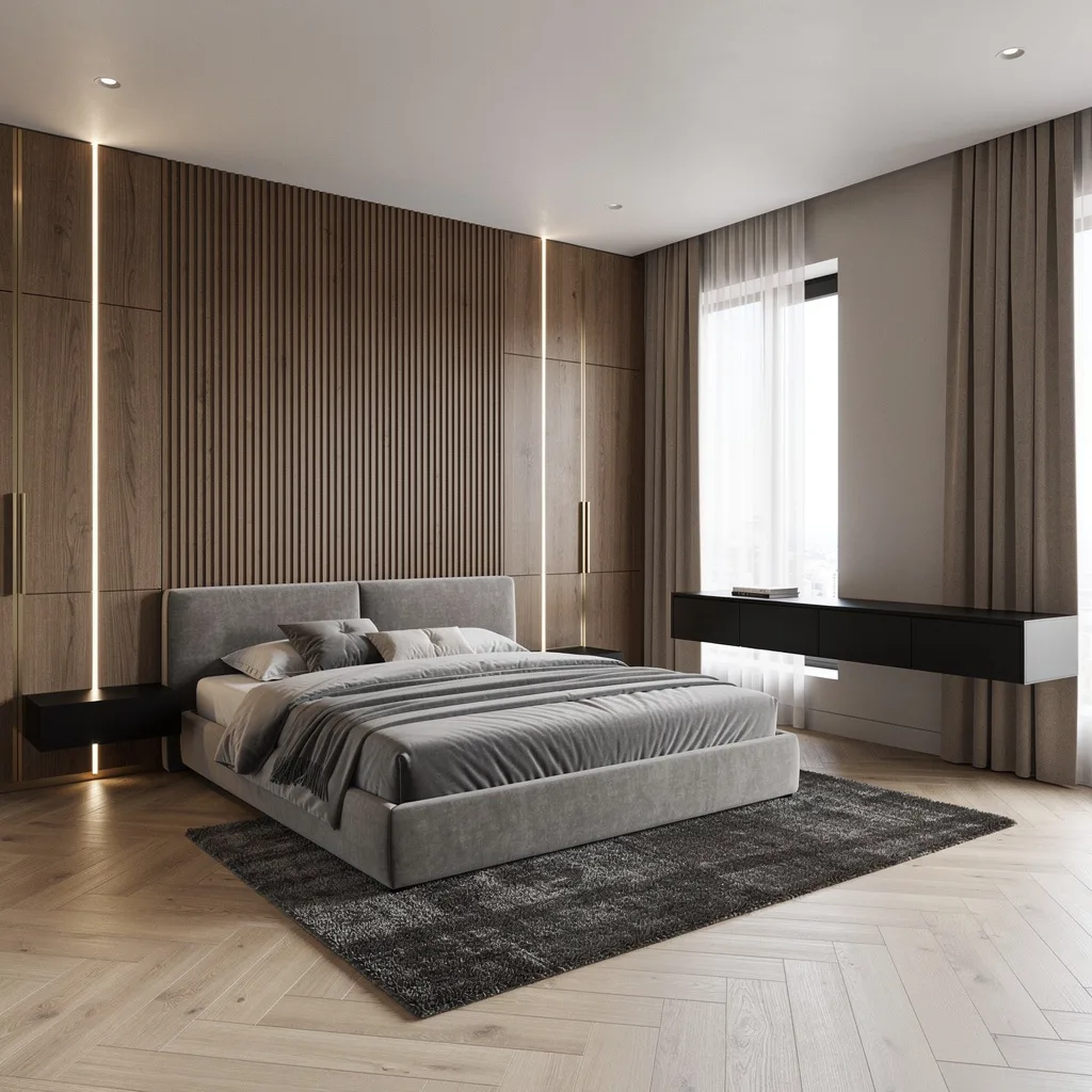 Get Fancy with Fluted Walnut Walls and Velvet Beds