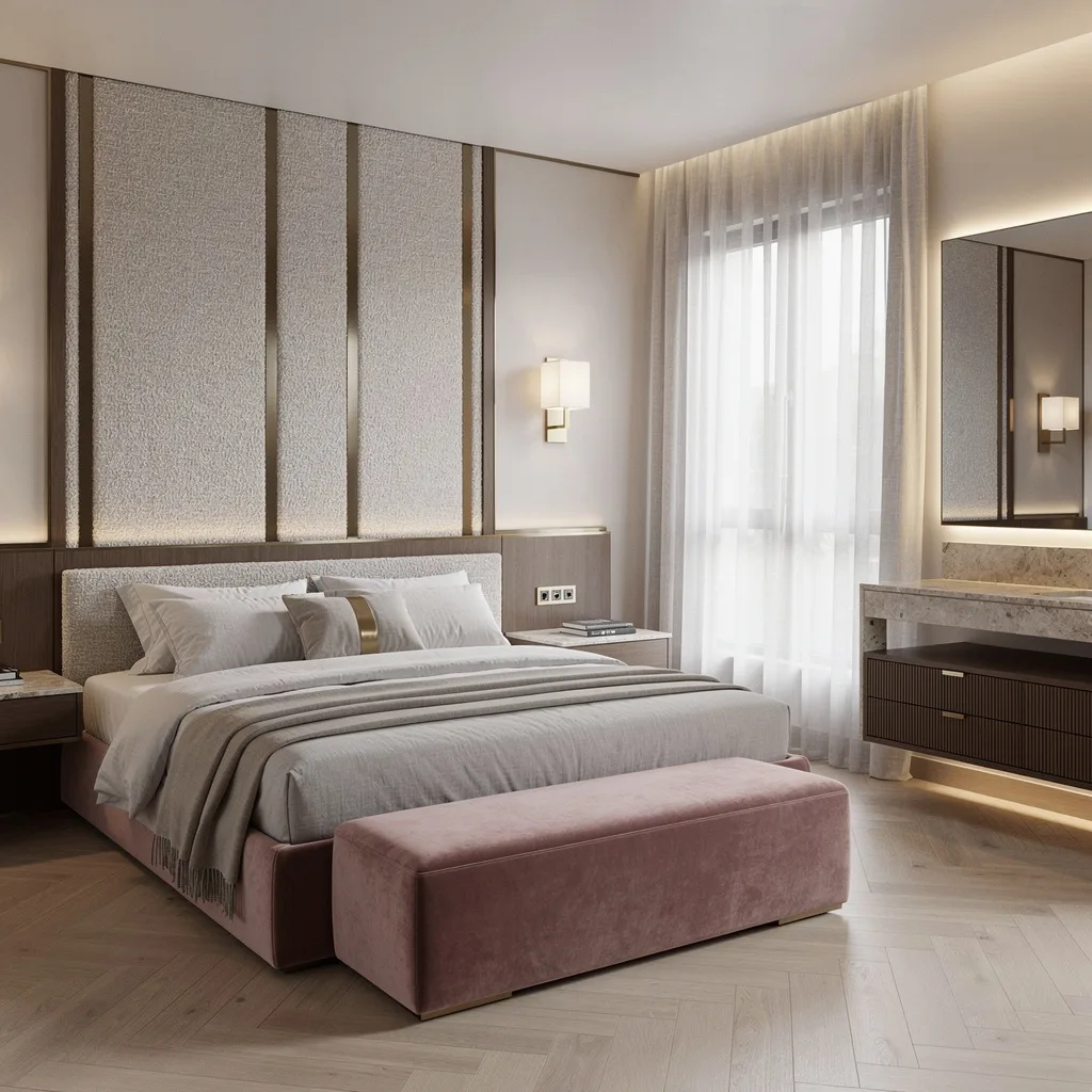 Boucle Headboards & Blush Benches: Spacious Bedrooms That Flex