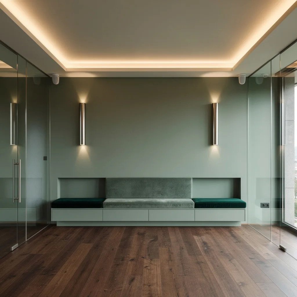 Sage Green & Smoked Oak: Metallic Sconces and Halo Ceilings