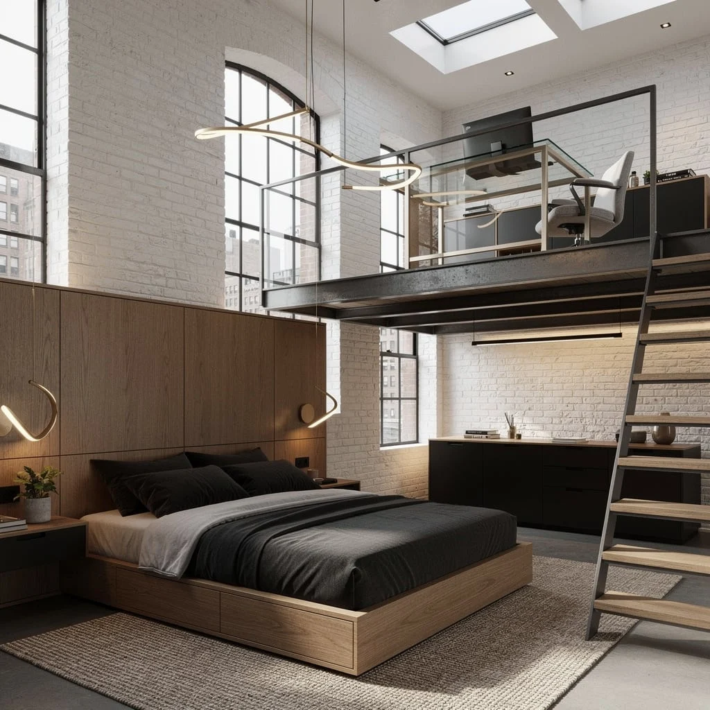 Urban Loft Flex: Mezzanine Workspace, Exposed Brick, Metallic Edge