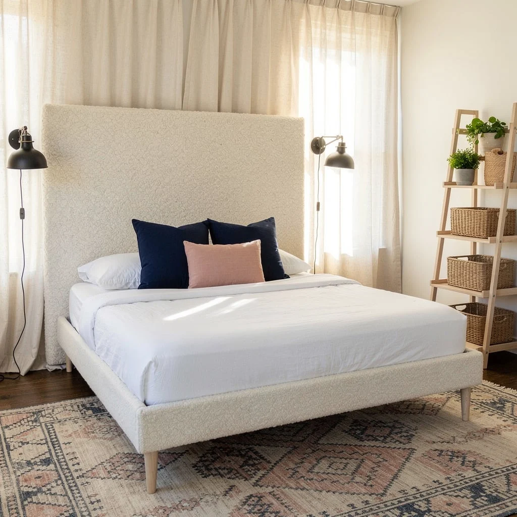 Boucle Headboard and Swing Lamps: Designer Feels on Dollar Bills