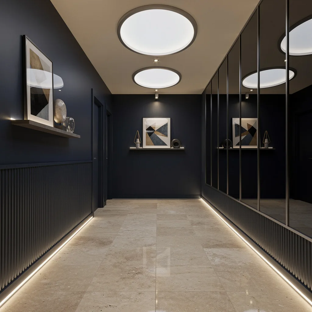 Navy Nights: Travertine, Fluted Panels, and Mirror Multipliers