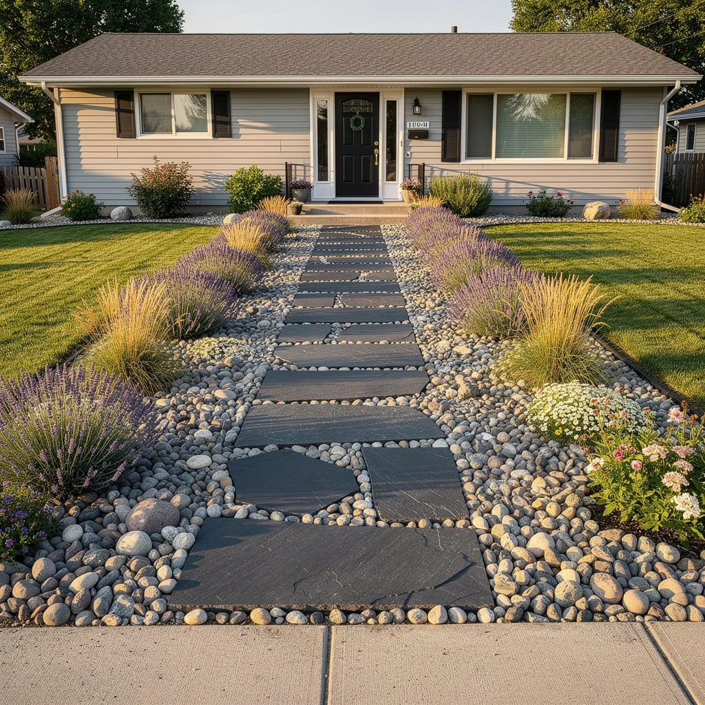 The Slate Stepping Stone Path with River Rock and Lavender Corridor