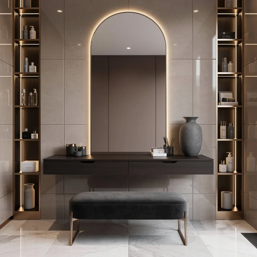 Mahogany Majesty: Arched Mirror and Luxe Storage