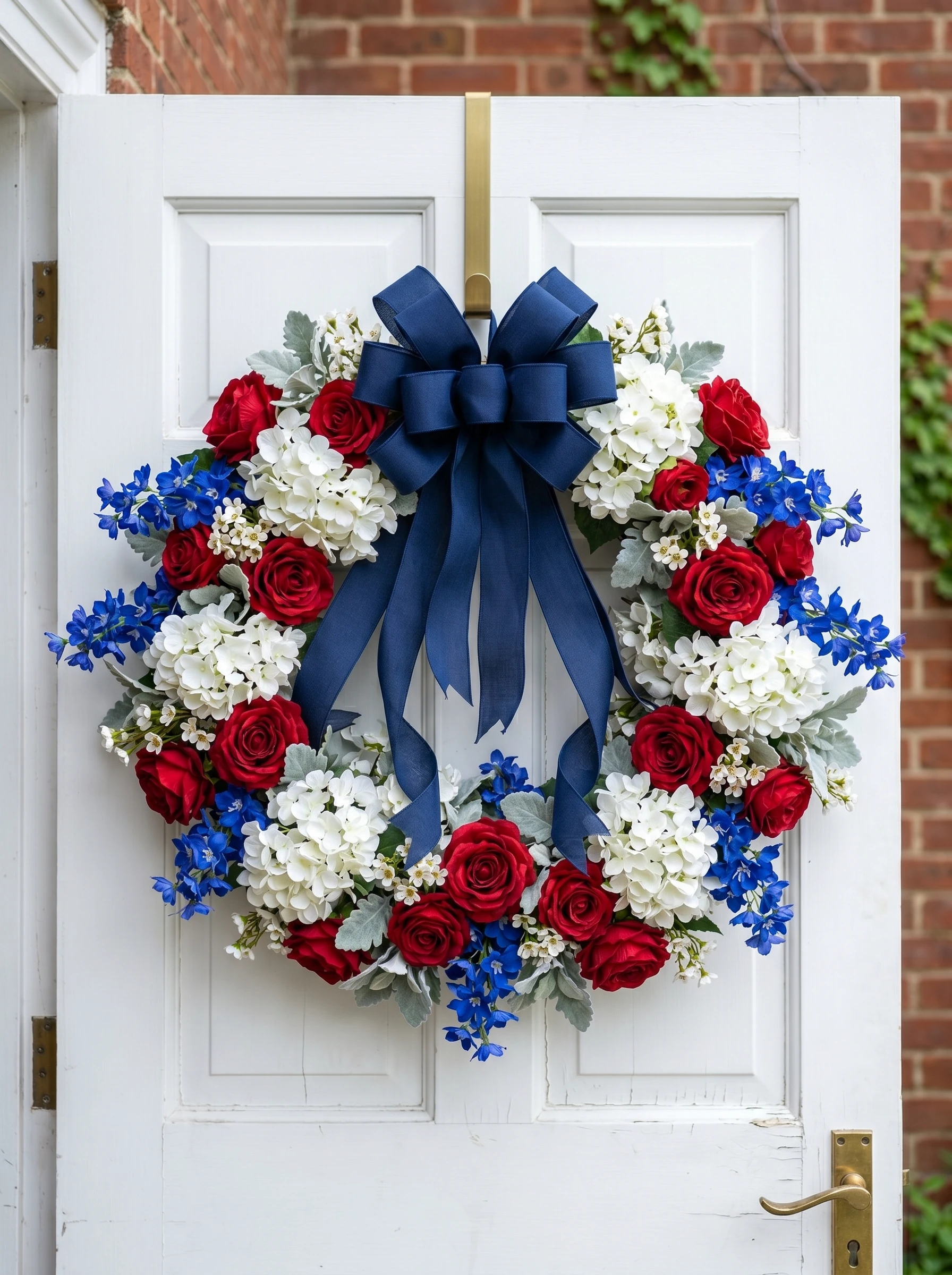 Rose, Hydrangea, and Navy Satin Bow