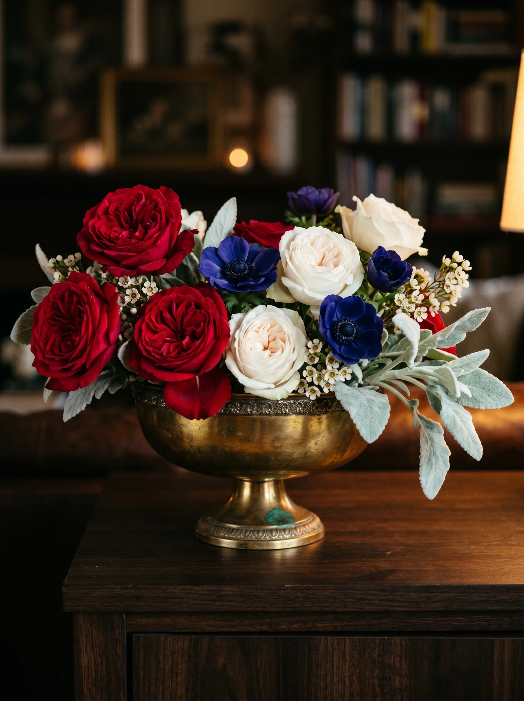 Brass Compote with Garden Roses