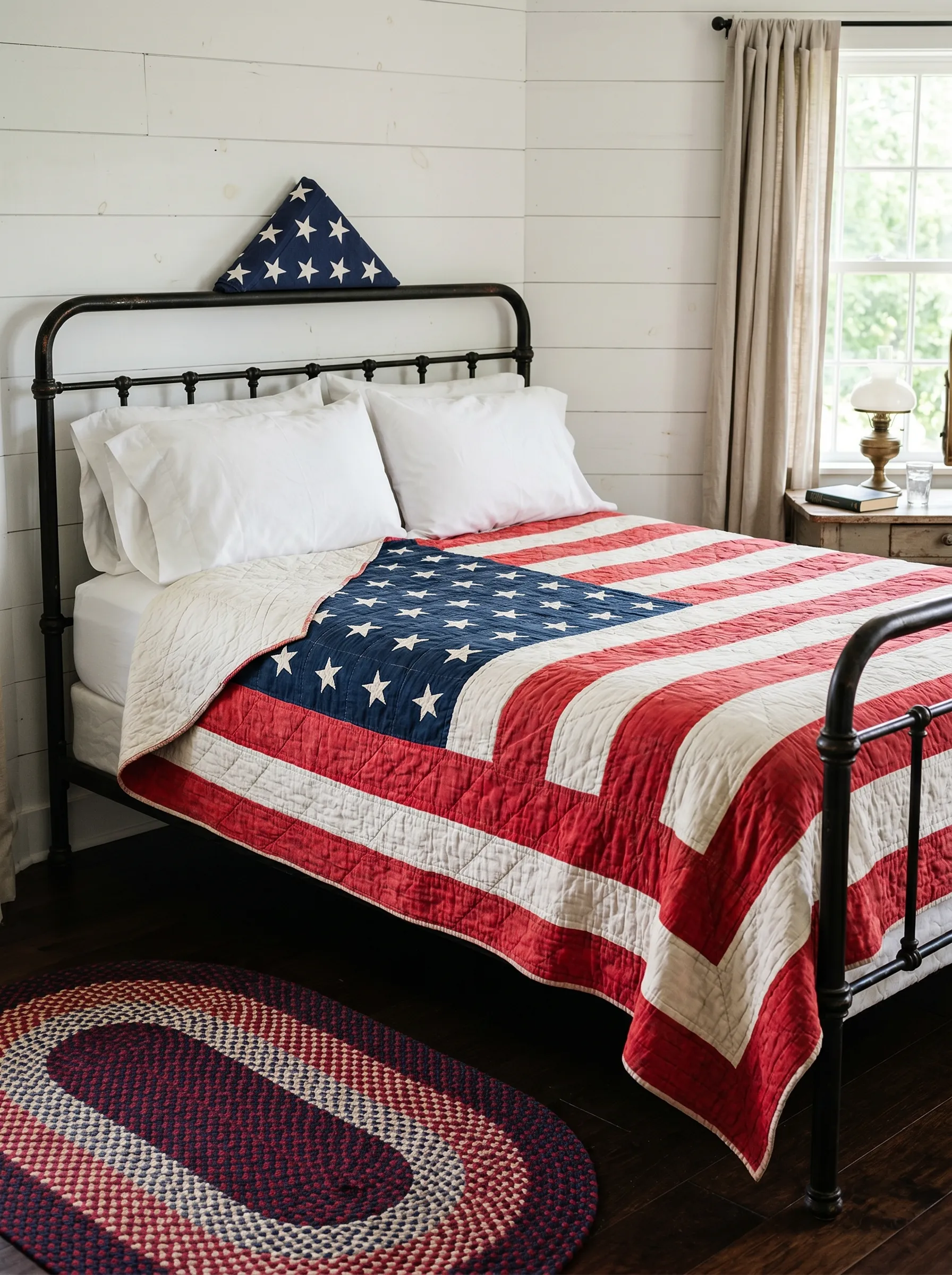Iron Bed with Folded Flag Headboard