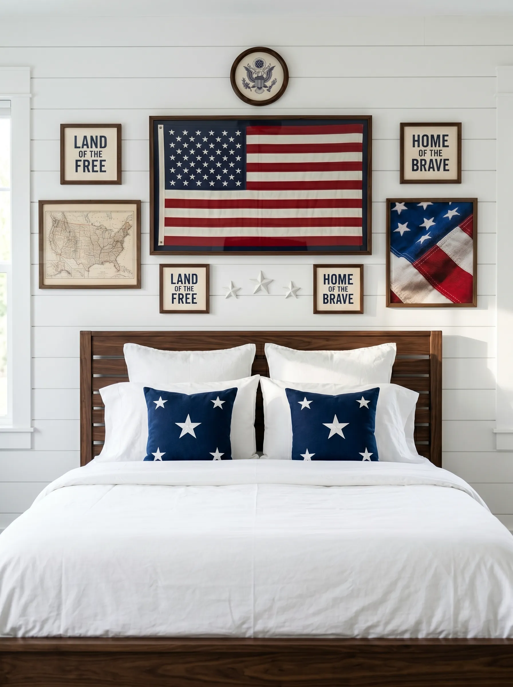 Shiplap Gallery Wall and Clean White Bed