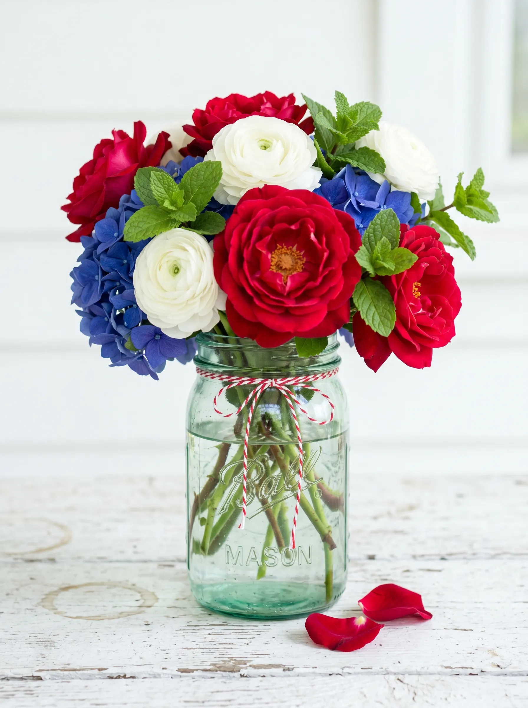 The Aqua Ball Jar With Peonies Mint and Bakers Twine