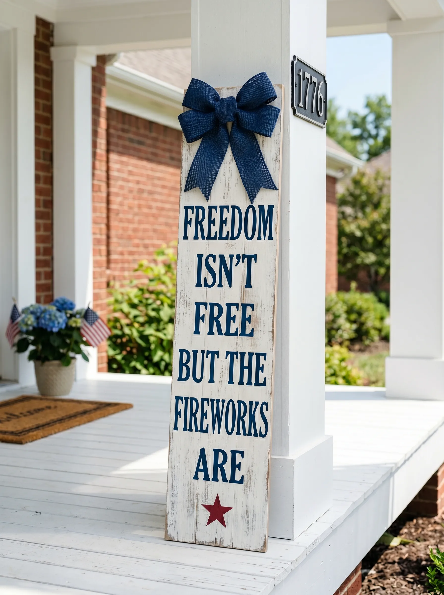 The White Distressed Vertical Leaner with a Navy Burlap Bow at House Number 1776