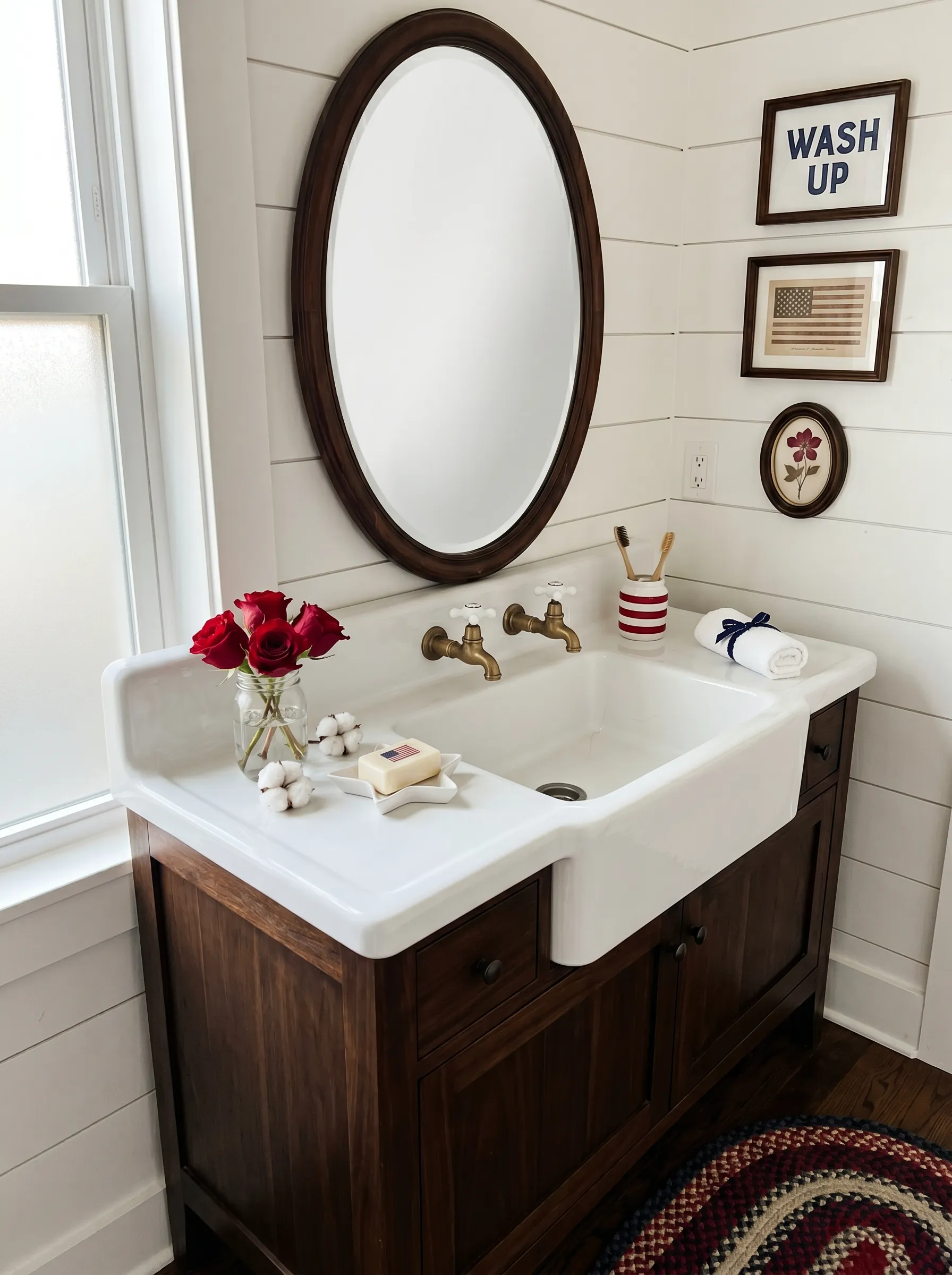 The Farmhouse Bathroom Vanity with Three Red Roses