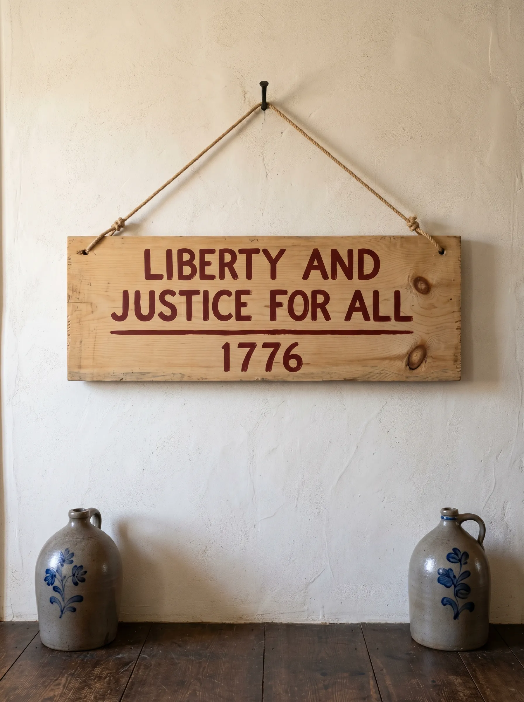 The Rope-Hung Barn Board Sign With Stoneware Flanking