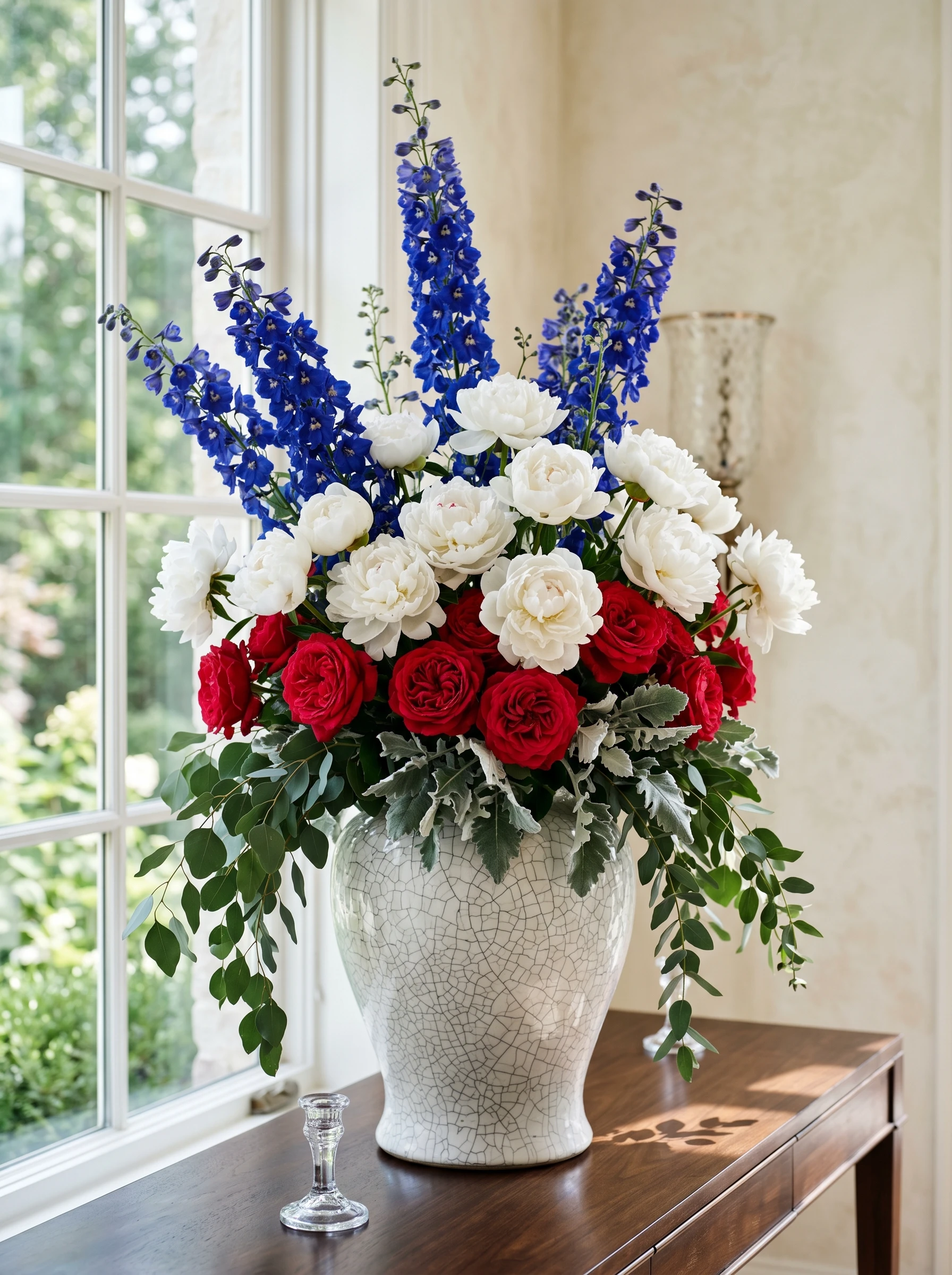 Crackle Glaze Urn with Delphinium