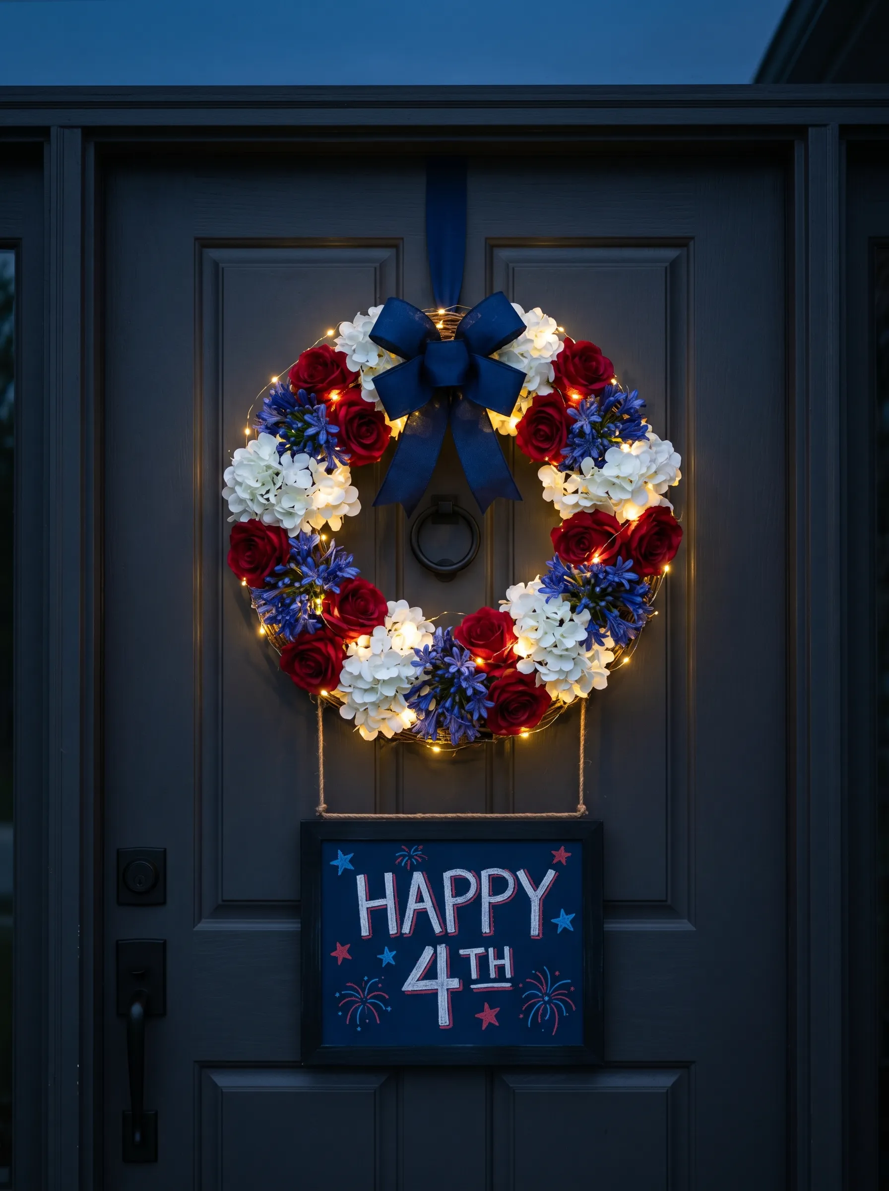 The Lit Flower Wreath With Chalkboard Sign for Evening