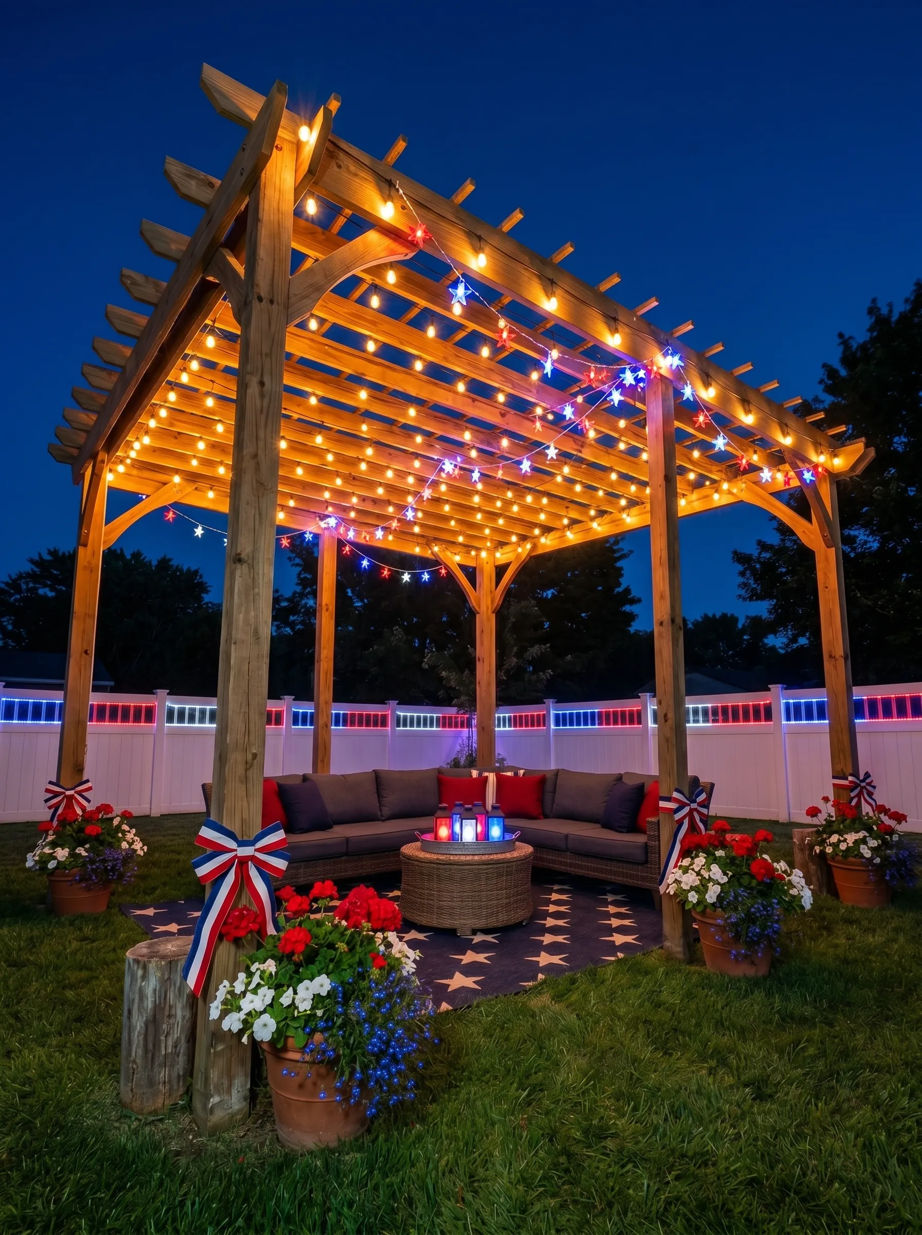 The Pergola at Night with Star Lights and Fence LEDs