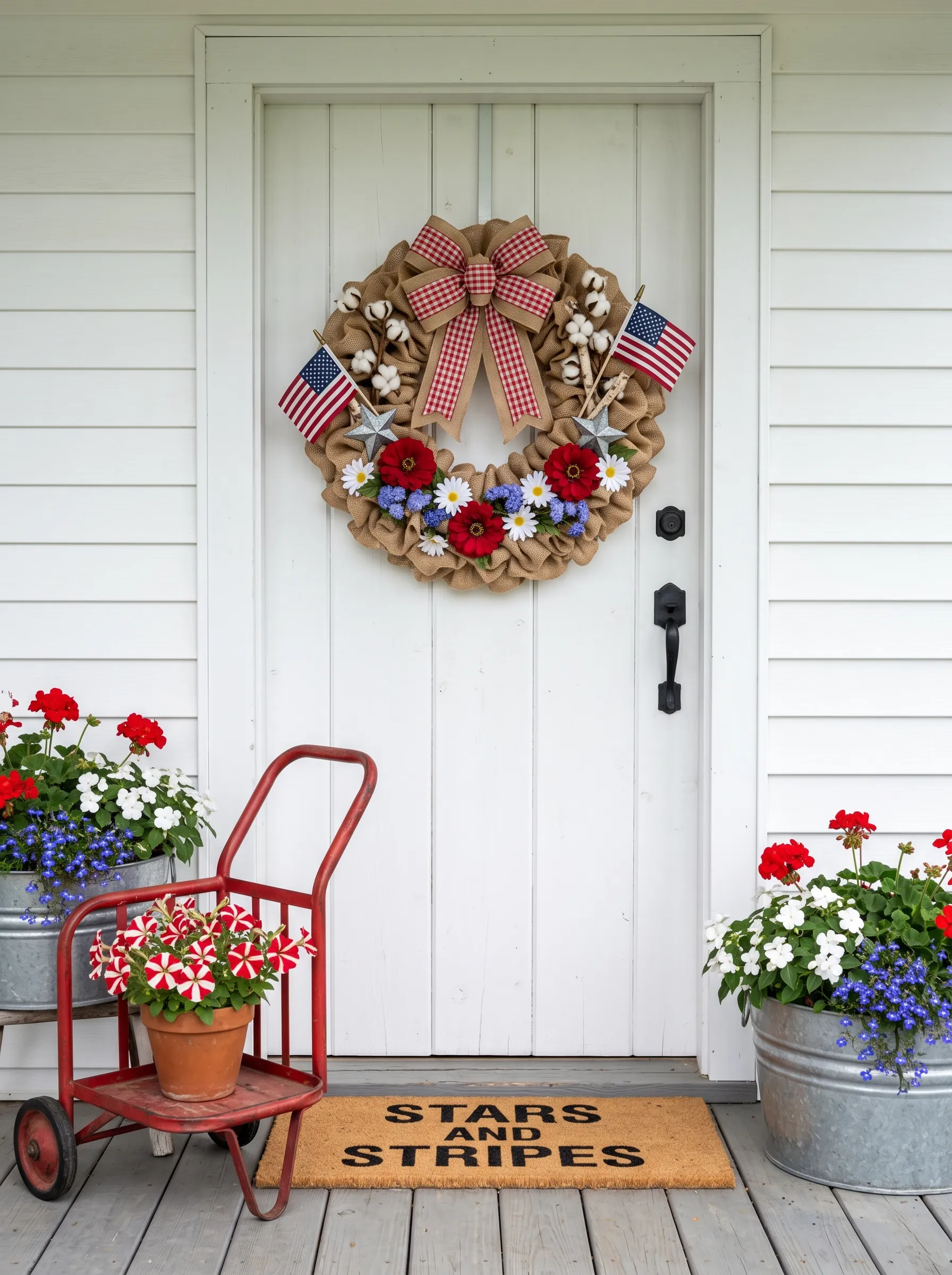 Farmhouse White Door with Burlap Wreath