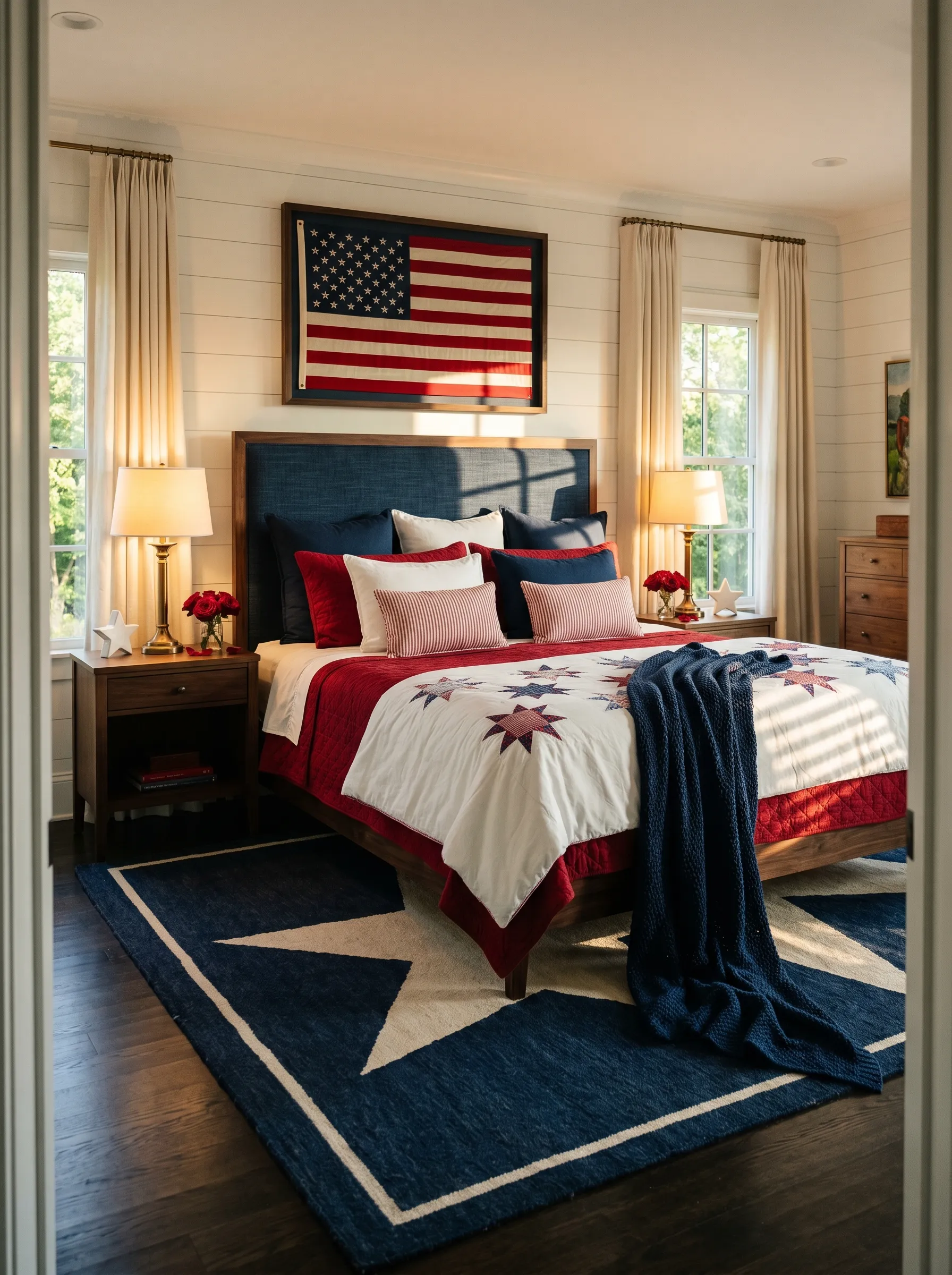 Warm Farmhouse Master with Flag Above Bed
