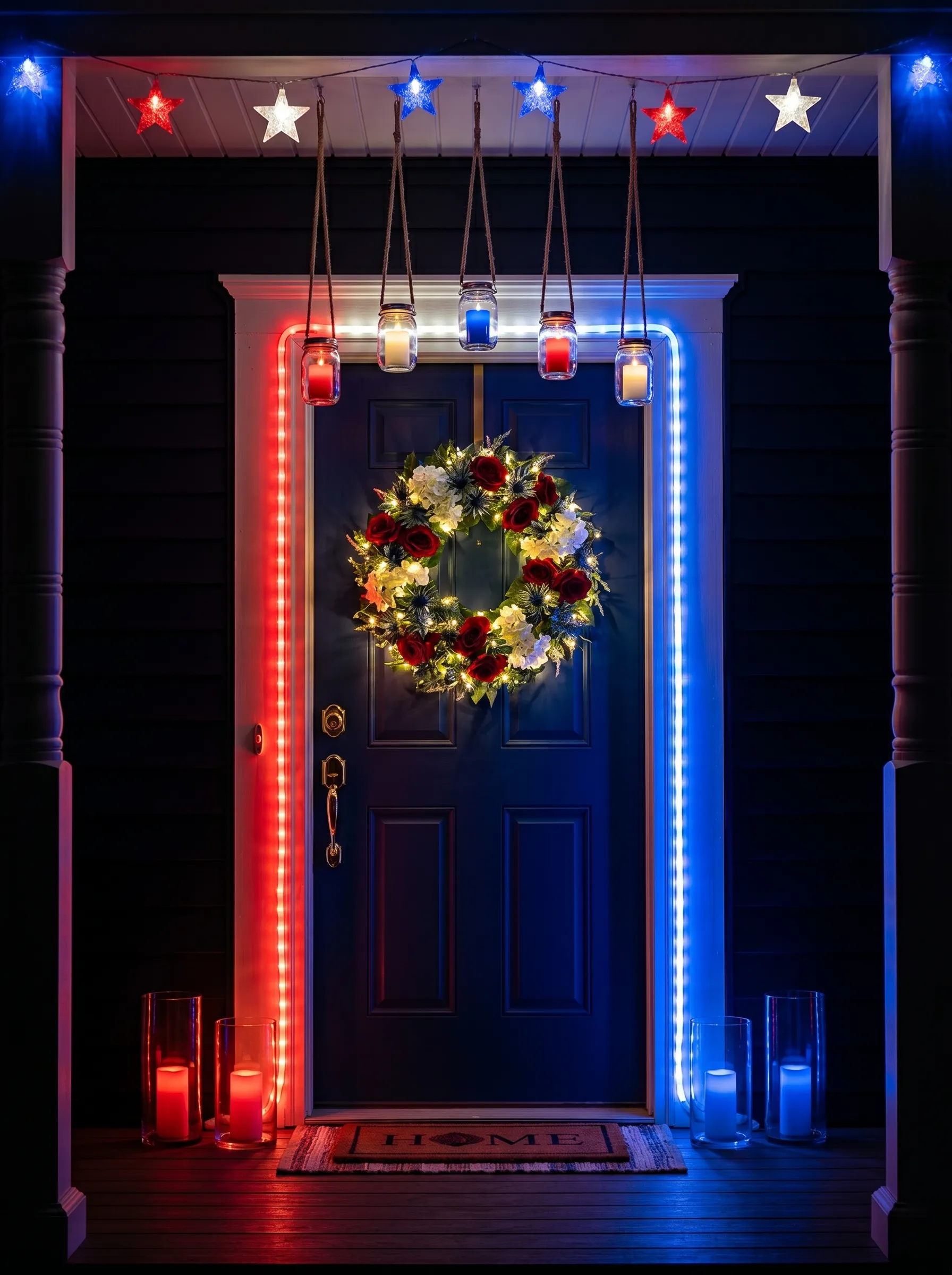 Porch Pillar LED and Hanging Lantern Night Door