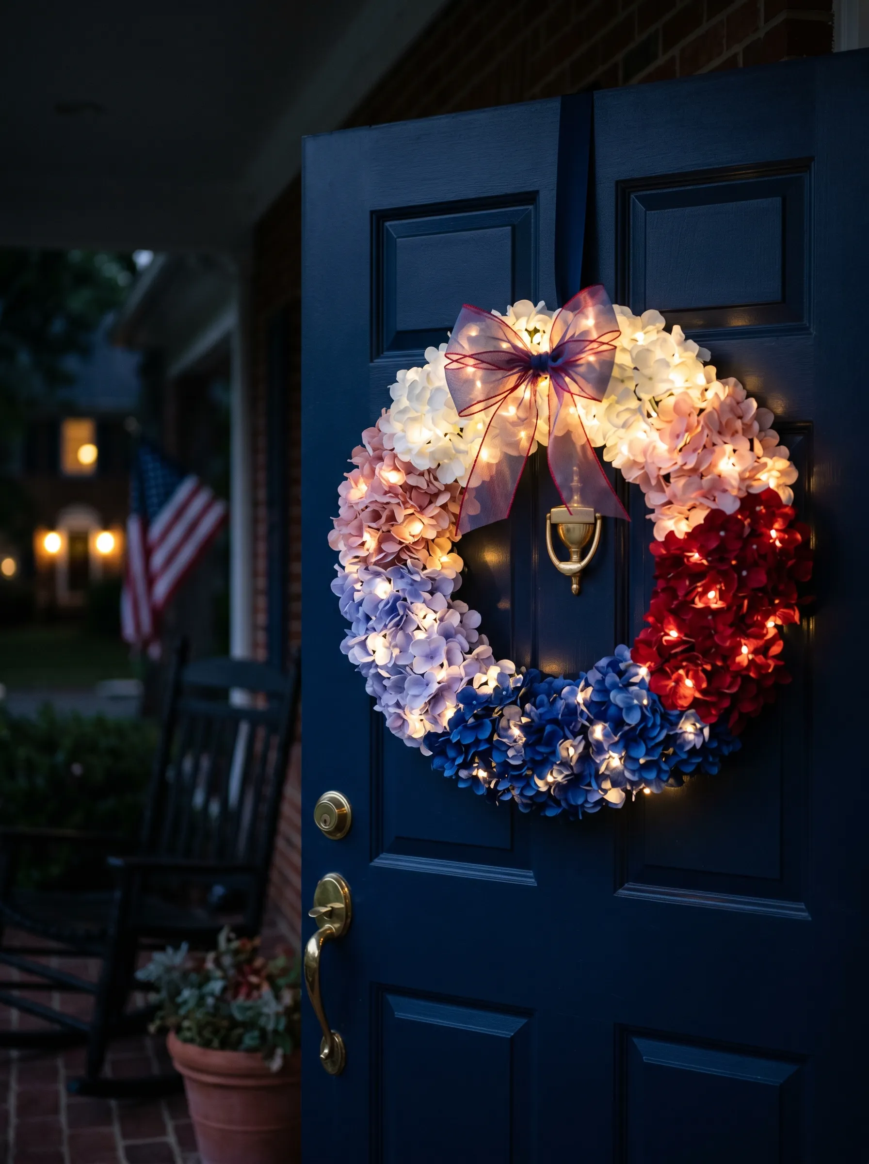 The All-Hydrangea Ombre Wreath With Fairy Lights for an Evening Door