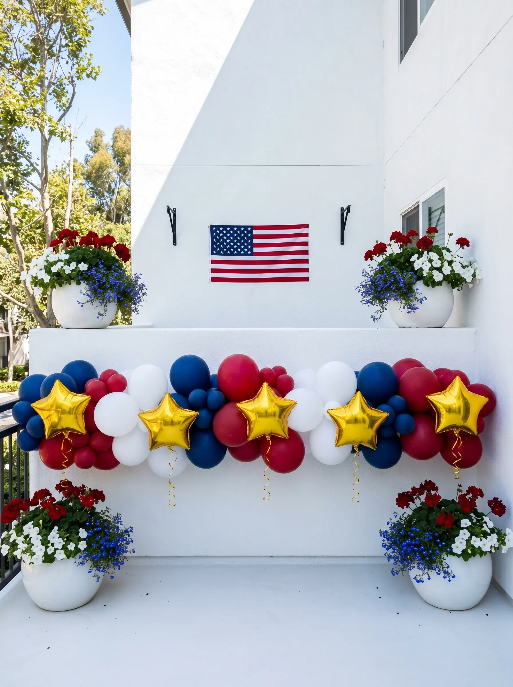 The Clean White Balcony with Balloon Garland and Flag