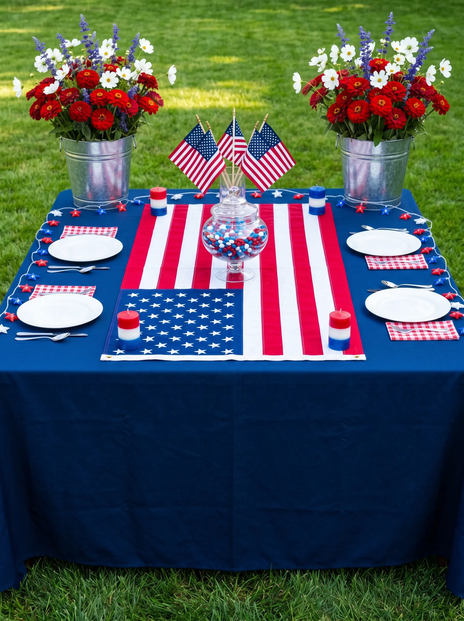 The Backyard Table with Galvanized Buckets and Stars