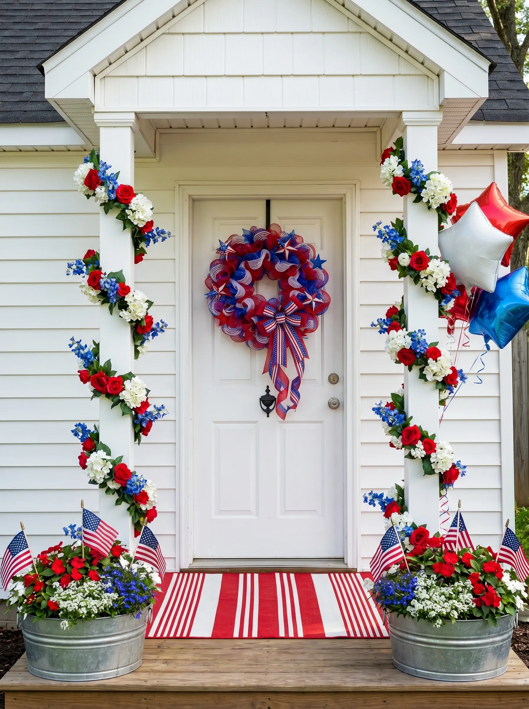 The Cottage Porch with Galvanized Buckets and a Deco Wreath