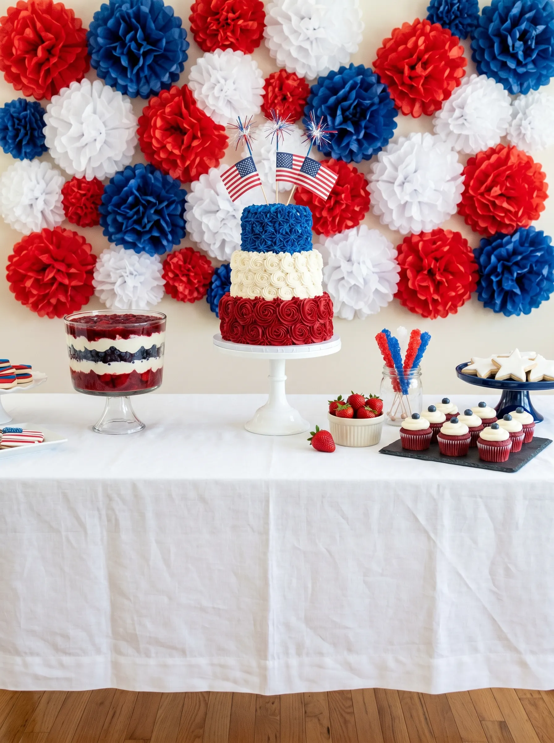 The Dessert Table with Tissue Pom-Pom Backdrop