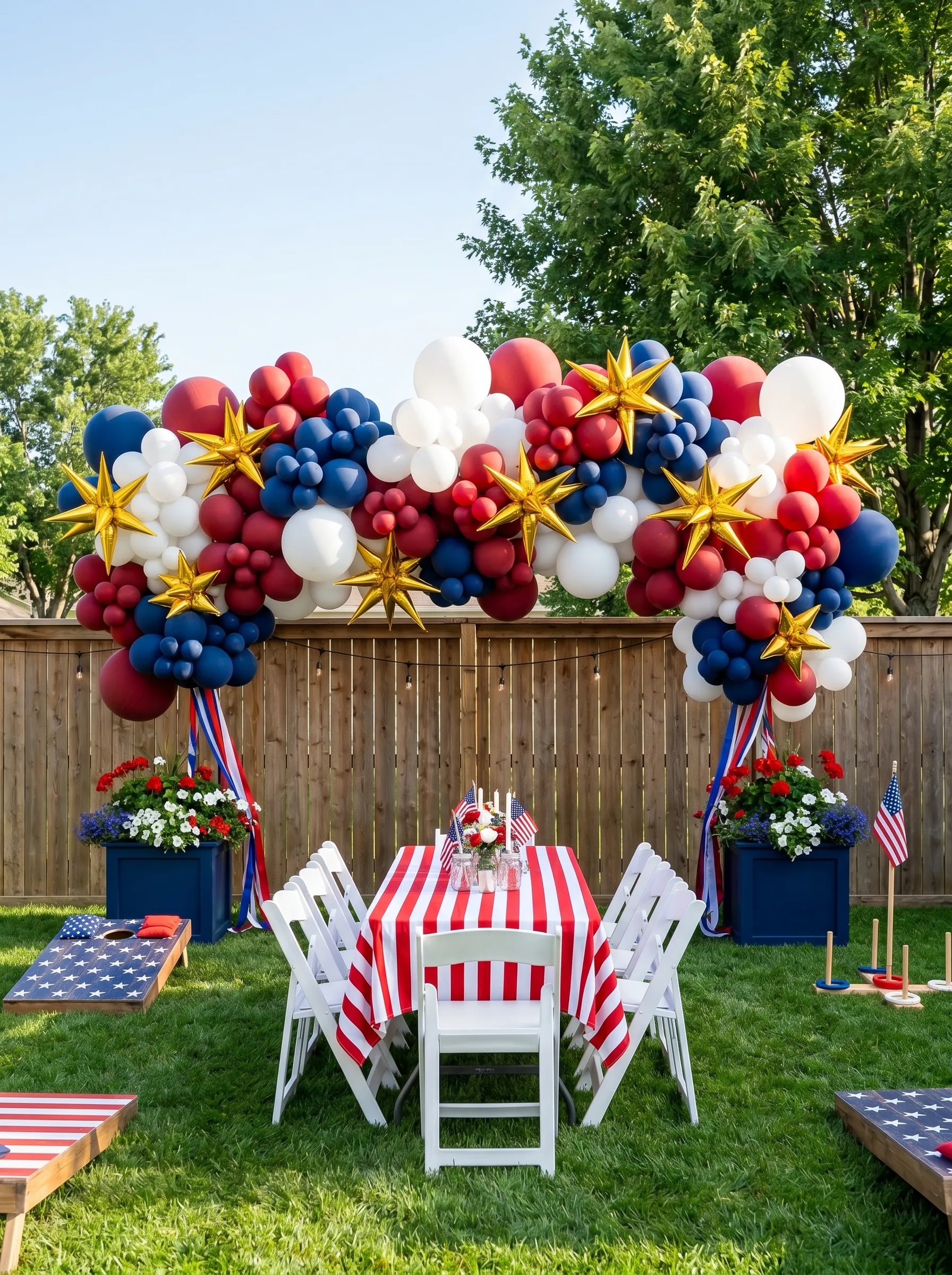 The Balloon Arch Backyard Party with Cornhole Boards