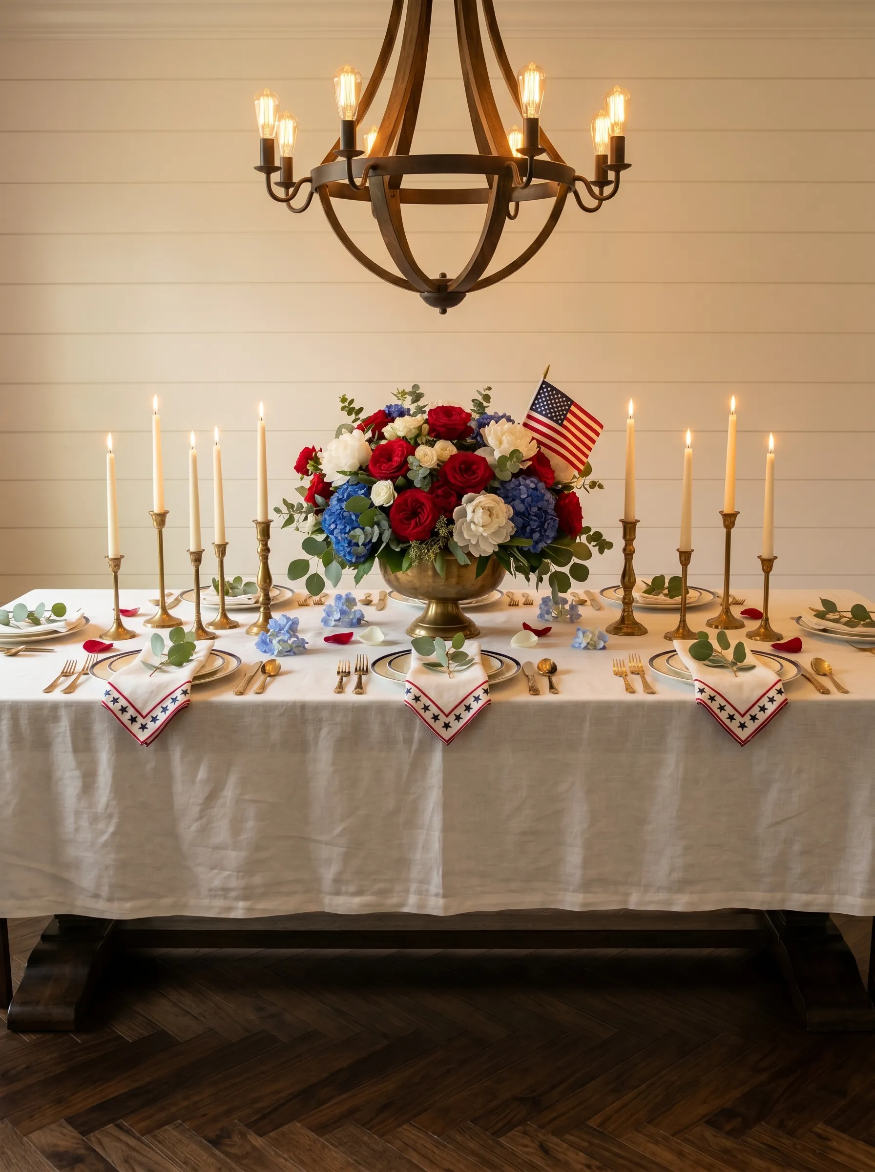 The White Shiplap Table with a Brass Urn Centerpiece
