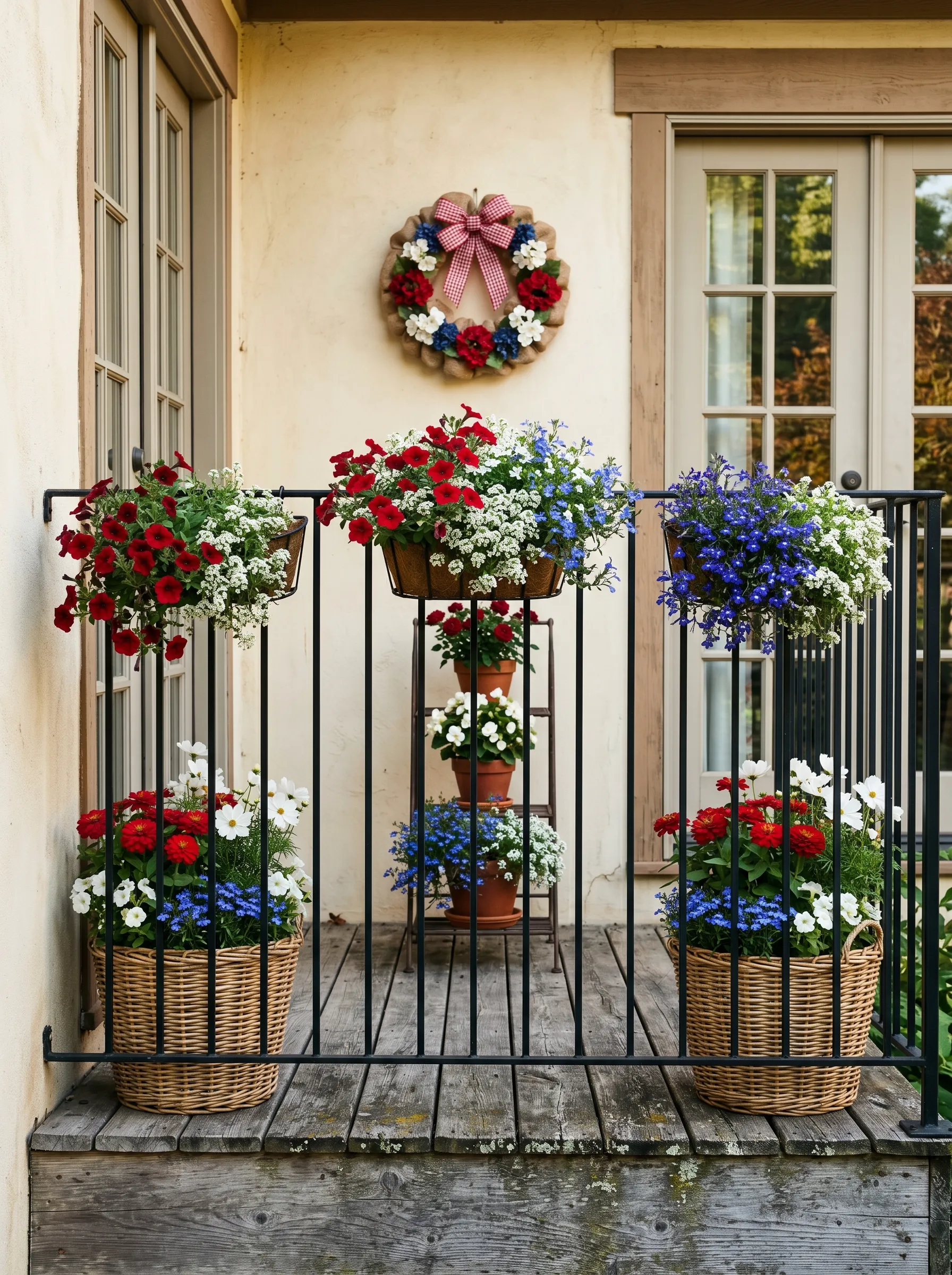 The Country Balcony with Wicker Baskets and a Tiered Plant Stand