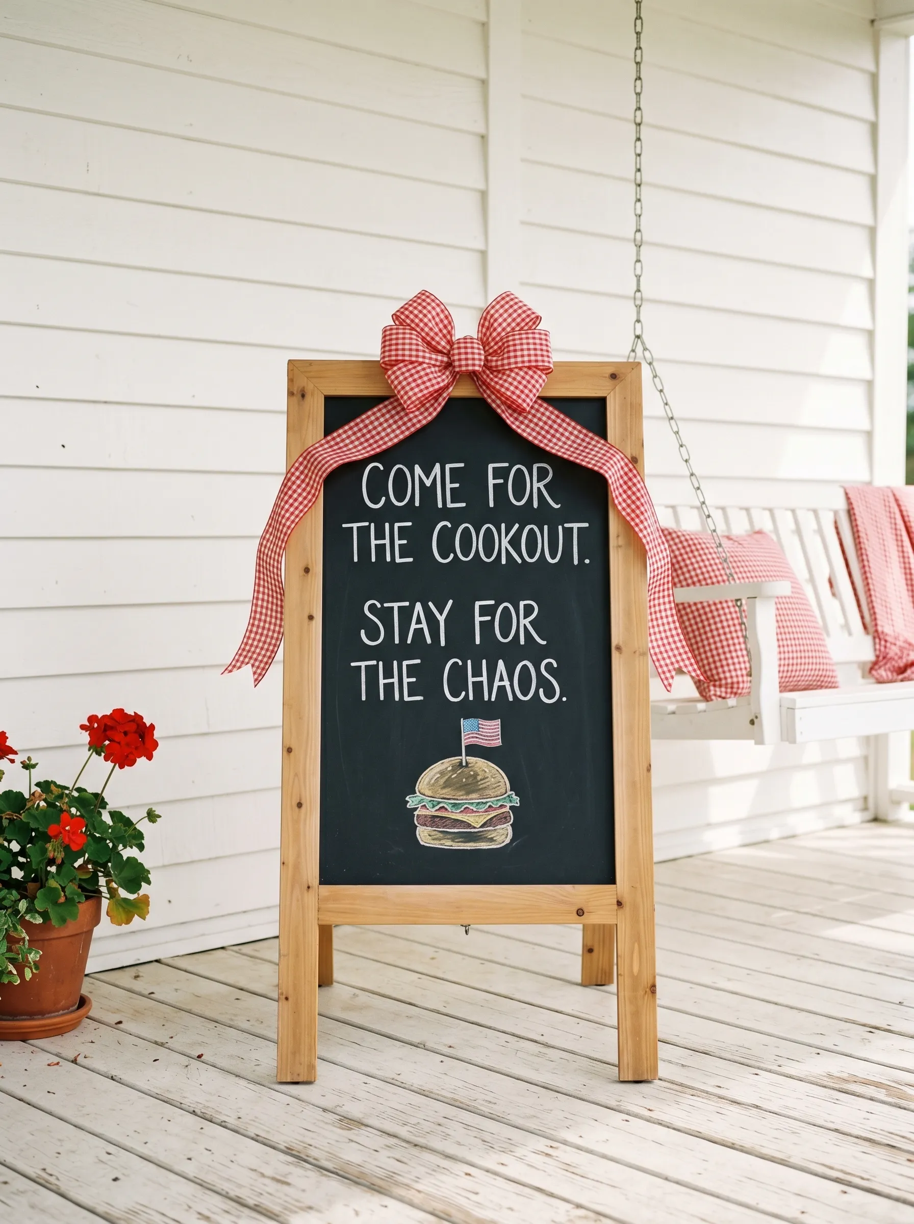 The Large A-Frame Chalkboard with Gingham Bow and Porch Swing Context