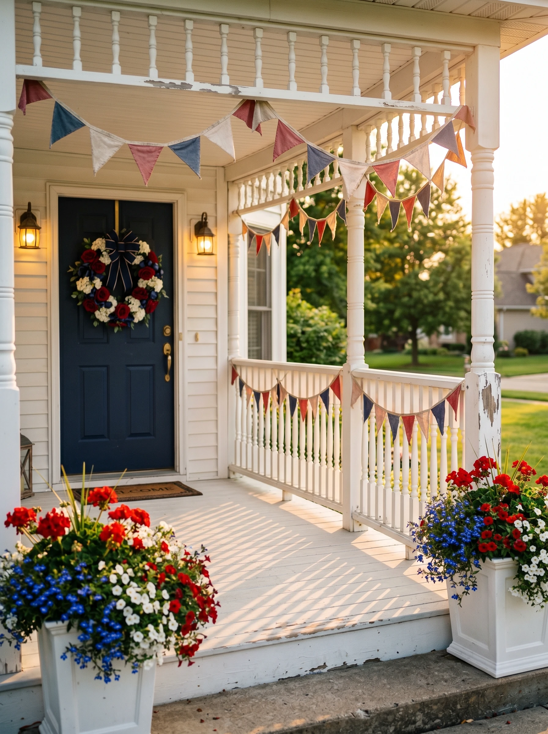 Fabric Bunting Porch Railing With Flower Boxes
