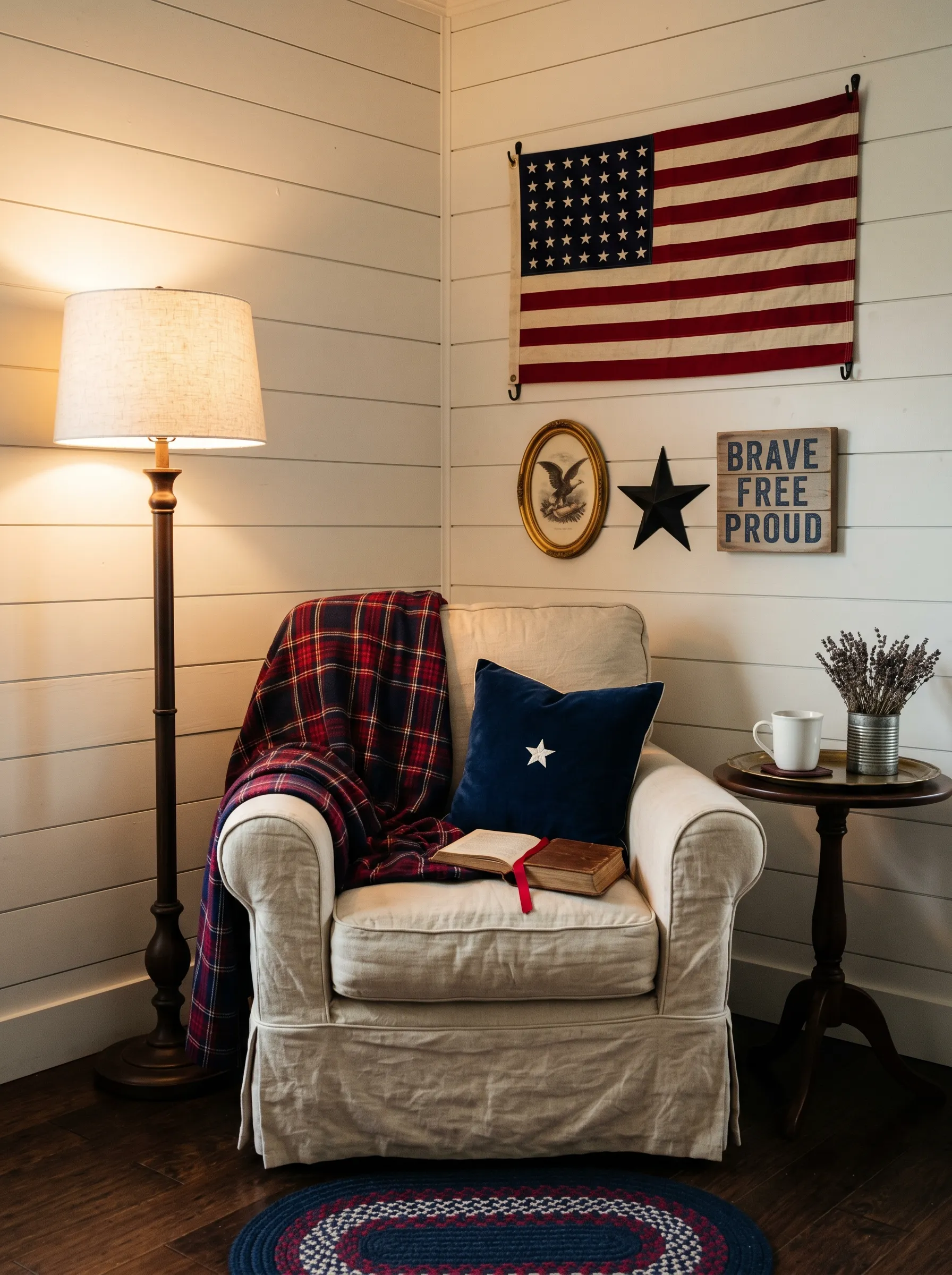 The Reading Corner with Flag Wall and Plaid Throw