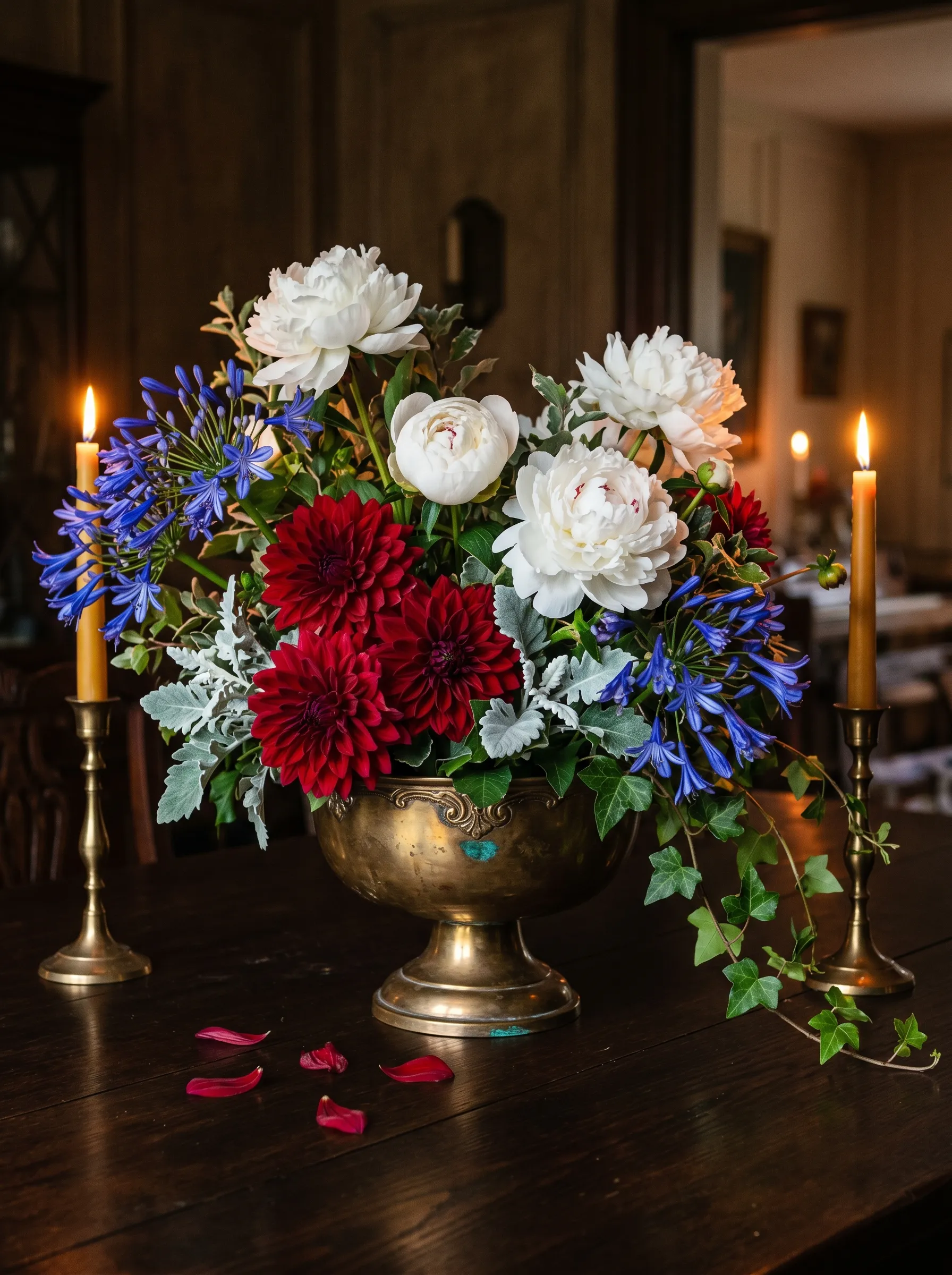 The Brass Urn With Dark Florals and Trailing Ivy