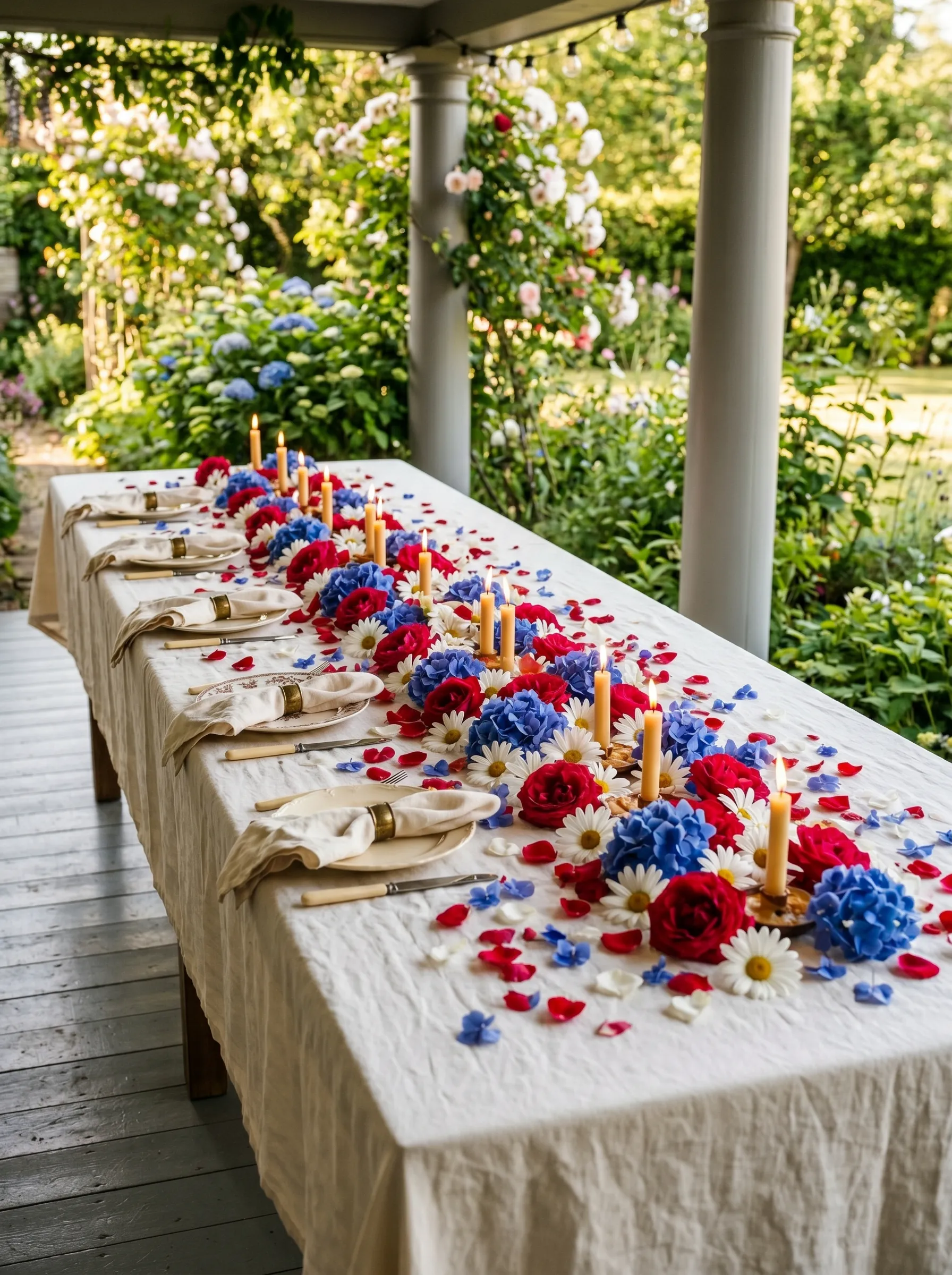 The Porch Table with a Flower Runner That Understood the Verb Lay