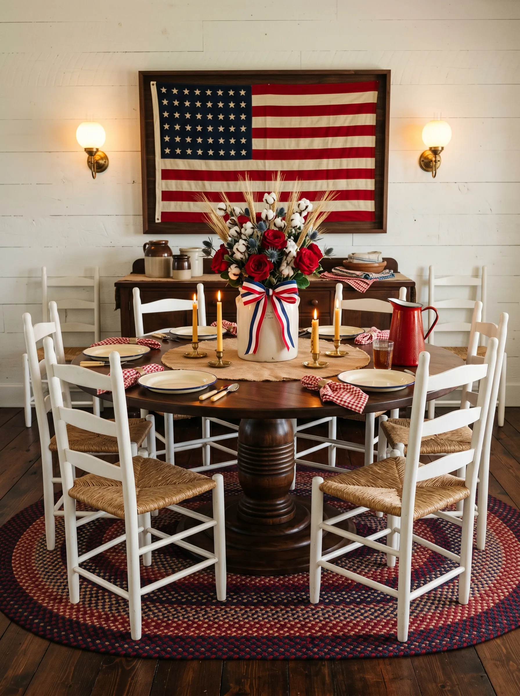 The Farmhouse Round Table with a Crock Centerpiece and Flag Wall