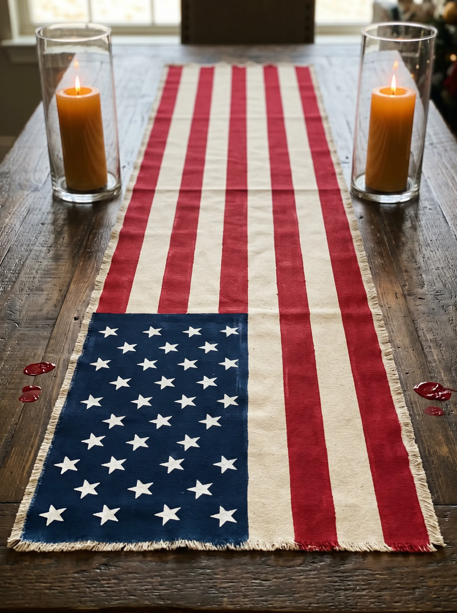 The Flag-Print Table Runner With Hurricane Candles