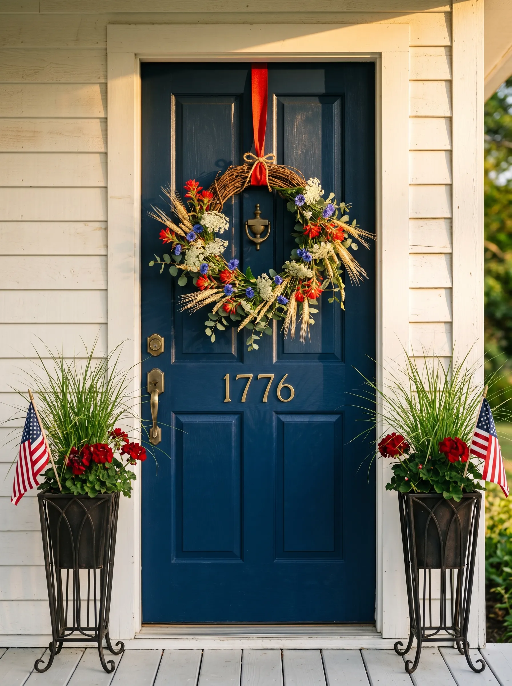 Navy Door with 1776 House Numbers and Wheat Wreath